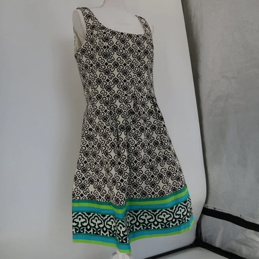 Nine West Black White w Teal/Green Stripes Sun Dress Size 12